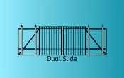 Two gates that meet in the center of the driveway and slide open and closed.