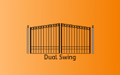 Two gates that meet in the center of the driveway and swing open and closed.
